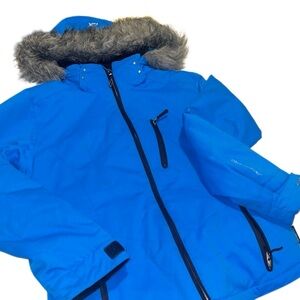 Obermeyer Tuscany Blue Faux Fur Hoodie Front Zip Ski Jacket Size 10